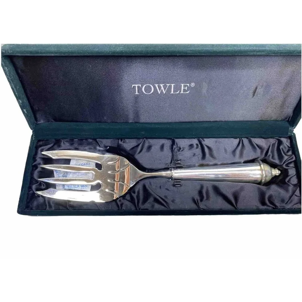 Towle Silverplate Copenhagen Large Serving Fork Server in GreenVelvet Box 10 1/4